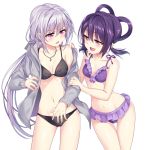  2girls ass_visible_through_thighs bangs bikini black_bikini blush breasts character_request cleavage collarbone copyright_request frilled_bikini frills gan_(shanimuni) hair_between_eyes hair_rings jewelry long_hair looking_at_another multiple_girls navel open_clothes open_mouth pendant pink_eyes purple_bikini purple_hair simple_background smug standing swimsuit thigh_gap very_long_hair white_background 