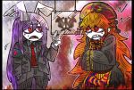  2girls angry animal_ears armband chinese_clothes clenched_teeth coat dress flying_sweatdrops hat inkblot_test junko_(touhou) lavender_hair long_hair multiple_girls necktie orange_hair rabbit_ears red_cross red_eyes red_necktie reisen_udongein_inaba sharp_teeth squiggle suenari_(peace) tabard tagme teeth touhou very_long_hair 