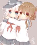  2girls anchor_symbol artist_name blue_eyes blush brown_eyes brown_hair cheek-to-cheek flat_cap folded_ponytail hat hibiki_(kantai_collection) hug inazuma_(kantai_collection) kantai_collection long_hair looking_at_viewer multiple_girls neckerchief school_uniform serafuku silver_hair skirt smile tsuchihara_ai 