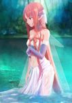  1girl absurdres asuna_(sao) bare_shoulders blush braid breasts brown_eyes brown_hair choker cleavage dress ear_covers elbow_gloves gloves highres lake long_hair navel navel_cutout parted_lips pointy_ears signature single_glove solo sword_art_online titania_(sao) very_long_hair wading water wet wet_clothes xi_chen_chen 