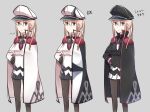  3girls adapted_costume alternate_color black_legwear blue_eyes cape commentary_request graf_zeppelin_(kantai_collection) hat ido_(teketeke) kantai_collection light_brown_hair multiple_girls multiple_persona pantyhose peaked_cap player_2 pleated_skirt skirt translation_request twintails 