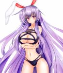  1girl animal_ears bikini breast_hold breasts cleavage collarbone groin highres kou_(inaba) large_breasts lavender_hair light_smile long_hair looking_at_viewer nail_polish navel purple_hair rabbit_ears red_eyes reisen_udongein_inaba simple_background solo swimsuit touhou very_long_hair white_background 