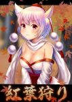  1girl :3 animal_ears autumn_leaves bare_shoulders blush breasts cleavage detached_sleeves hat inubashiri_momiji large_breasts looking_at_viewer outdoors pom_pom_(clothes) red_eyes scarf short_hair sketch solo tokin_hat touhou translation_request tree uemura_shun upper_body white_hair wolf_ears 