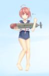  1girl absurdres ahoge hair_ornament highres i-58_(kantai_collection) kantai_collection looking_at_viewer mino_zhitu pink_eyes pink_hair school_swimsuit school_uniform serafuku short_hair smile solo swimsuit swimsuit_under_clothes torpedo 