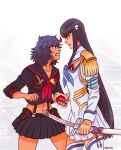  2girls bakuzan black_hair blue_eyes clenched_hands confrontation eyebrows fangs glaring grip height_difference herokick highres holster junketsu kill_la_kill kiryuuin_satsuki long_hair matoi_ryuuko multicolored_hair multiple_girls senketsu streaked_hair thick_eyebrows 