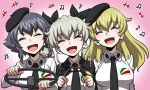  3girls :d ^_^ anchovy black_cape black_hair black_necktie blonde_hair braid breasts cape carpaccio closed_eyes girls_und_panzer green_hair hair_ribbon hat holding large_breasts long_hair long_sleeves military military_uniform minazuki_juuzou multiple_girls musical_note necktie open_mouth pepperoni_(girls_und_panzer) ribbon riding_crop shirt short_hair singing smile twintails uniform 