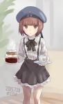  1girl brown_eyes brown_hair cb coffee cup dress hat kantai_collection open_mouth short_hair solo suspenders z3_max_schultz_(kantai_collection) 