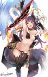  animal_ears bare_shoulders barefoot bell blue_hair fire granblue_fantasy hair_bell hair_ornament highres nanahara_fuyuki navel red_eyes sword tail thigh-highs weapon yuel_(granblue_fantasy) 