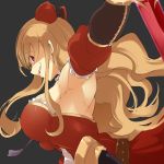  1girl armpits bare_shoulders belt blonde_hair bow breasts detached_sleeves dress granblue_fantasy grey_background hair_bow highres large_breasts long_hair looking_at_viewer manabebebe red_eyes shaded_face sheath simple_background smirk solo sword vira weapon 