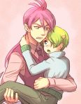  2boys carrying green_eyes green_hair hair_over_one_eye horns lizard_tail male_focus michael_wazowski monsters_inc. multiple_boys nagatobi necktie one-eyed personification ponytail princess_carry randall_boggs sharp_teeth short_hair teeth 