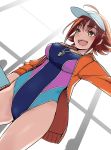  1girl :d ahoge breasts brown_hair character_request collarbone colored_eyelashes competition_swimsuit cowboy_shot dutch_angle hat idolmaster jacket kawaty large_breasts one-piece_swimsuit open_clothes open_jacket open_mouth open_track_jacket orange_jacket outstretched_arm short_hair silhouette smile solo_focus standing swimsuit tareme teeth thighs unzipped visor_cap whistle white_hat 
