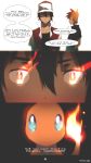  2boys artist_name baseball_cap black_hair black_shirt blue_(pokemon) blue_eyes brown_hair burning_eyes character_name charmander close-up closed_mouth collarbone comic expressionless eye_contact face fiery_tail fire flame from_side gameplay_mechanics hair_between_eyes hat highres jacket looking_at_another looking_at_viewer multiple_boys number open_clothes open_jacket page_number pokemon pokemon_(creature) pokemon_(game) pokemon_rgby pov profile red_(pokemon) red_eyes red_jacket shaded_face shirt short_sleeves simple_background sketch speech_bubble spiky_hair t-shirt talking text tom_skender upper_body white_background 