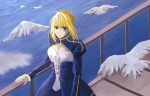  1girl ahoge bird blonde_hair breasts cleavage fate/stay_night fate_(series) green_eyes hei_tong_shi highres railing saber sketch solo type-moon 