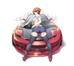  1girl arched_back ass black_legwear boots breasts brown_boots brown_eyes brown_hair car knee_boots large_breasts looking_at_viewer looking_back mazda mazda_rx-7 motor_vehicle original packge short_hair short_shorts short_sleeves shorts solo tank_top thigh-highs vehicle 