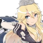  1girl artist_request bangs bare_shoulders blonde_hair blue_eyes breasts cleavage elbow_gloves empty_eyes gloves hair_between_eyes iowa_(kantai_collection) kantai_collection large_breasts long_hair outline simple_background smile solo star thumbs_down tsurime white_background 