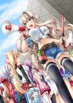  6+girls armband blue_sky dutch_angle hair_intakes highres kamiya_tomoe long_hair megaphone moe2016 multiple_girls original outdoors silver_hair sky 