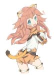  1girl :3 animal_ears aqua_eyes blush farfalla from_behind lion_ears lion_tail lo_xueming long_hair looking_back pink_hair pop-up_story skirt solo tail tiger_print 