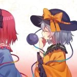  2girls blush closed_eyes eyeball gradient gradient_background hat hat_ribbon komeiji_koishi komeiji_satori long_sleeves multiple_girls out_of_frame pink_hair profile renka_(sutegoma25) ribbon shirt short_hair siblings silver_hair sisters smile sparkle string third_eye touhou upper_body wide_sleeves 