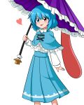  1girl :p blue_eyes blue_hair blush capelet dress_shirt frills heart heterochromia highres juliet_sleeves katsumi5o long_skirt long_sleeves puffy_sleeves red_eyes shirt short_hair skirt solo tatara_kogasa tongue tongue_out touhou umbrella wild_and_horned_hermit 