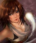  1girl artist_request bare_shoulders blue_eyes breasts brown_hair cleavage downblouse final_fantasy final_fantasy_x floating from_above ghost japanese_clothes kimono lens_flare light_smile lips looking_at_viewer looking_up obi parted_lips sash shiny shiny_skin short_hair sleeveless solo sunlight upper_body yuna_(ff10) 