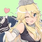  1girl ;d artist_request bangs bare_shoulders blonde_hair blue_eyes blush breasts cleavage elbow_gloves gloves green_background hair_between_eyes iowa_(kantai_collection) kantai_collection large_breasts long_hair one_eye_closed open_mouth outline simple_background smile solo star thumbs_up tsurime 