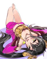  1girl :d bare_shoulders barefoot black_hair blush breasts candy character_request cleavage downblouse from_behind hand_up heart heart_necklace holding_food idolmaster idolmaster_cinderella_girls jacket jewelry kawaty lollipop long_hair long_sleeves looking_at_viewer looking_back lying matoba_risa navel off_shoulder on_back open_clothes open_jacket open_mouth open_track_jacket outstretched_arm pendant pink_jacket saliva saliva_trail shirt simple_background sleeveless sleeveless_shirt smile solo stomach tank_top toes twintails unzipped very_long_hair white_background yellow_eyes 