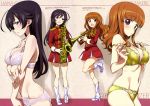  2girls :d absurdres ahoge bangs black_eyes black_hair blunt_bangs blush boots bra breast_hold breasts brown_eyes brown_hair character_name cleavage cowboy_shot from_side girls_und_panzer groin hair_over_breasts highres instrument isuzu_hana kurashima_tomoyasu lace_bra lace_panties large_breasts long_hair looking_at_viewer multiple_girls navel open_mouth panties saxophone scan smile standing_on_one_leg strap_slip takebe_saori trumpet underwear underwear_only uniform white_bra white_panties yellow_bra yellow_panties 