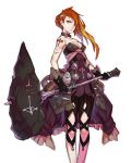  1girl bare_shoulders black_gloves brown_eyes brown_hair gloves hair_over_one_eye jacketbear long_hair original simple_background solo standing tattoo warhammer weapon white_background 