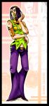  1girl araki_hirohiko_(style) armband black_border blonde_hair border bracelet character_name facial_mark full_body green_eyes hairlocs hermes_costello jewelry jojo_no_kimyou_na_bouken metamin_(memethah) multicolored_hair purple_hair solo turtleneck two-tone_hair zoom_layer 