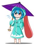  1girl :3 blue_eyes blue_hair blush chibi cloak geta heterochromia highres hood hooded_cloak katsumi5o looking_at_viewer red_eyes short_hair skirt sleeves_past_wrists smile solo tatara_kogasa touhou turtleneck umbrella 