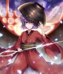  &gt;:) 1girl adjusting_clothes adjusting_hat bowl bowl_hat clouds cloudy_sky cowboy_shot glint hat japanese_clothes kimono light_particles looking_at_viewer needle night night_sky obi purple_hair round_window sash short_hair sky smile solo star_(sky) starry_sky sukuna_shinmyoumaru touhou unmoving_pattern violet_eyes zennmai_siki 