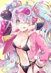  1girl :p aqua_hair breasts cleavage goggles goggles_on_head gun hatsune_miku jacket long_hair minori_(faddy) one_eye_closed revealing_clothes shooting_miku star star-shaped_pupils swimsuit symbol-shaped_pupils tongue tongue_out twintails vocaloid weapon 
