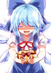  1girl blue_dress blue_hair blush bow box cirno dress e.o. gift gift_box hair_bow heart-shaped_box ice ice_wings incoming_gift open_mouth puffy_short_sleeves puffy_sleeves shirt short_sleeves smile solo touhou wings 