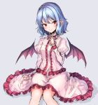  1girl :&gt; bangs bat_wings blue_hair closed_mouth frilled_skirt frills hand_up junior27016 long_sleeves pink_skirt pointy_ears red_eyes remilia_scarlet simple_background sitting skirt skirt_set smile solo touhou wings wrist_cuffs 