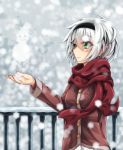  1girl green_eyes hairband highres kurogane_shizuku outdoors rakudai_kishi_no_cavalry short_hair silver_hair skyneko snow solo 