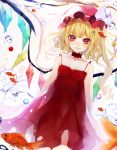  1girl babydoll bare_arms bare_shoulders blonde_hair bubble collarbone daimaou_ruaeru fish flandre_scarlet hat hat_ribbon highres long_hair looking_at_viewer mob_cap red_eyes ribbon side_ponytail smile solo touhou underwater wings 
