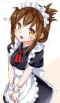  1girl alternate_costume apron blush breasts brown_eyes brown_hair enmaided folded_ponytail frills hair_ornament heart inazuma_(kantai_collection) kantai_collection long_hair looking_at_viewer maid maid_apron maid_headdress open_mouth puffy_short_sleeves puffy_sleeves short_sleeves simple_background small_breasts solo twitter_username v_arms waist_apron white_background wrist_cuffs yuuki_hb 
