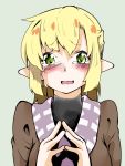  1girl blonde_hair blush crying crying_with_eyes_open fingers_together green_eyes hair_between_eyes kitsune_(koma) long_hair looking_at_viewer mizuhashi_parsee open_mouth pointy_ears sidelocks simple_background smile solo tears touhou 