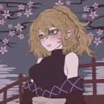  1girl bare_shoulders blonde_hair blush cherry_blossoms flat_color green_eyes looking_away miata_(pixiv) mizuhashi_parsee off_shoulder parted_lips pointy_ears ponytail shirt short_hair sleeveless solo texture touhou turtleneck upper_body 