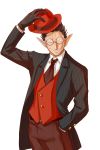  1boy artist_request black_gloves brown_hair demiurge earrings formal glasses gloves grin hand_in_pocket hat hat_tip jewelry necktie one_eye_closed overlord_(maruyama) pointy_ears sharp_teeth smile solo suit teeth vest 