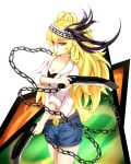  1girl absurdres blonde_hair blue_eyes blue_shorts breasts chain character_request cleavage earrings highres holding_weapon jewelry long_hair skyneko solo weapon 