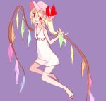  1girl alternate_costume bare_legs bare_shoulders barefoot dress flandre_scarlet full_body hakaisin-k hat hat_ribbon long_hair looking_at_viewer mob_cap pointy_ears purple_background red_eyes red_ribbon ribbon see-through short_dress side_ponytail simple_background skinny solo touhou white_dress wings 