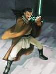  1boy beard belt boots energy_sword facial_hair hallway jedi lightsaber long_hair looking_at_viewer manly qui-gon_jinn science_fiction star_wars sword tunic weapon 