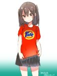  blush brown_eyes brown_hair dated kantai_collection ko_ru_ri looking_at_viewer print_shirt sendai_(kantai_collection) shirt sketch skirt smile tide_(detergent) twitter_username two_side_up 