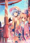  +_+ 3girls alternate_costume bat_wings blonde_hair blue_hair blue_sky brown_hair dress fang flandre_scarlet floral_print flower gohei hair_between_eyes hair_flower hair_ornament hair_tubes hakurei_reimu hakurei_shrine hat japanese_clothes kimono kirero long_sleeves multiple_girls new_year one_eye_closed open_mouth praying red_dress red_eyes remilia_scarlet rope shaded_face shimenawa siblings side_ponytail sisters sky smile touhou wide_sleeves wings 