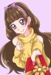  1girl amanogawa_kirara bow brown_hair chocokin earrings gift giving go!_princess_precure hair_bow hairband jewelry long_hair looking_at_viewer nail_polish precure purple_background purple_bow red_nails shirt smile solo twintails upper_body violet_eyes yellow_shirt 