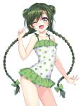  1girl ;d bangs bare_shoulders blush braid casual_one-piece_swimsuit collarbone contrapposto cowboy_shot double_bun frilled_swimsuit frills gan_(shanimuni) green green_eyes green_hair hinata_matsuri long_hair looking_at_viewer low-tied_long_hair mahou_shoujo_madoka_magica mahou_shoujo_suzune_magica official_art one-piece_swimsuit one_eye_closed open_mouth outstretched_arm outstretched_hand polka_dot polka_dot_swimsuit simple_background smile solo standing swept_bangs swimsuit twin_braids very_long_hair white_background 