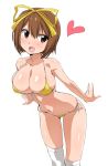  1girl :d bikini breasts brown_eyes brown_hair chikuishi hair_ribbon heart kneehighs large_breasts leaning_forward looking_at_viewer open_mouth ribbon short_hair simple_background smile solo swimsuit takamiya_nasuno teekyuu white_background yellow_bikini 