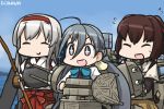  3girls ahoge blue_sky bow bow_(weapon) bowtie closed_eyes commentary dated flying_sweatdrops grey_hair hair_between_eyes hairband hamu_koutarou ise_(kantai_collection) japanese_clothes kantai_collection kiyoshimo_(kantai_collection) long_hair low_twintails multiple_girls muneate ocean open_mouth ribbon-trimmed_sleeves ribbon_trim shoukaku_(kantai_collection) sky sparkling_eyes sweat sword twintails undershirt weapon white_hair 