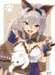  1girl animal_ears asyde breasts brown_eyes cat cat_ears cleavage granblue_fantasy hair_between_eyes heles long_hair silver_hair solo 